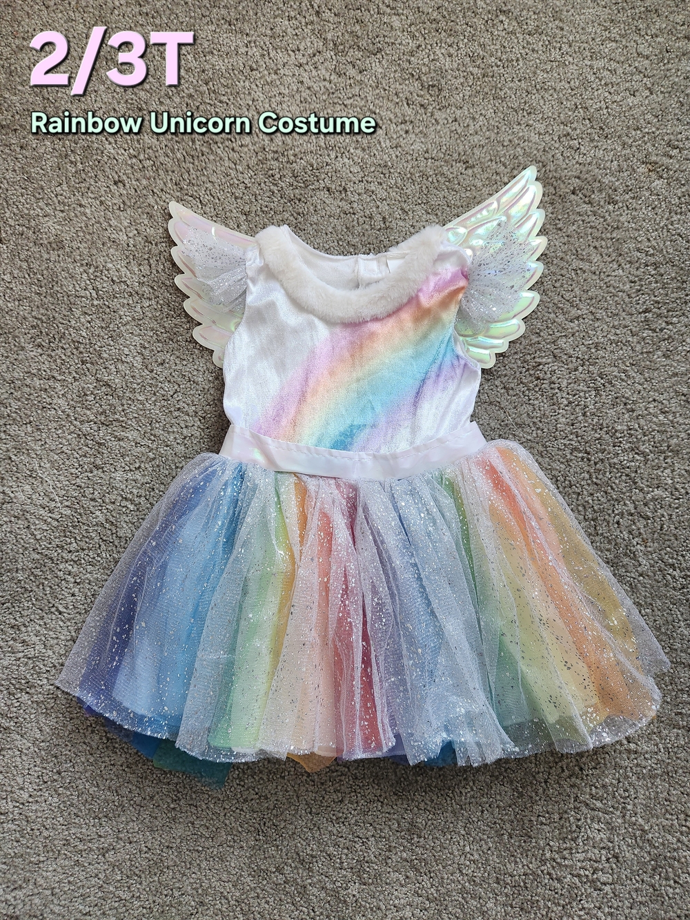 Girls 2/3T Halloween Costume Rainbow Unicorn White Dress with Multicolor Tulle